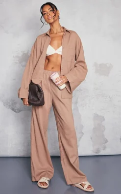 PrettyLittleThing Linen Look Bum Pocket Oversized Wide Leg Pants Mocha