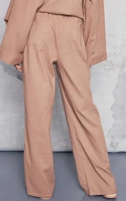 PrettyLittleThing Linen Look Bum Pocket Oversized Wide Leg Pants Mocha