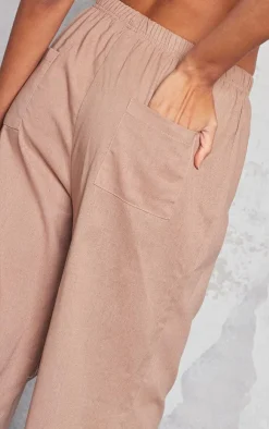 PrettyLittleThing Linen Look Bum Pocket Oversized Wide Leg Pants Mocha