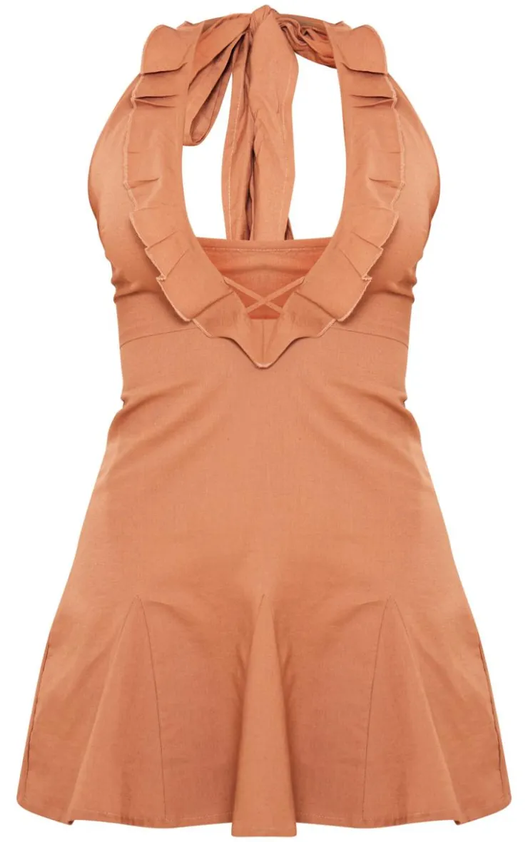 Linen Look Frill Neck Cross Front Mini Dress-PrettyLittleThing New