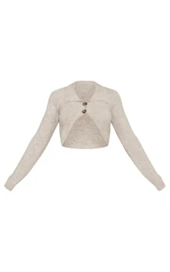 Discount PrettyLittleThing Luxe Knit Button Front Curved Crop Cardigan Mocha