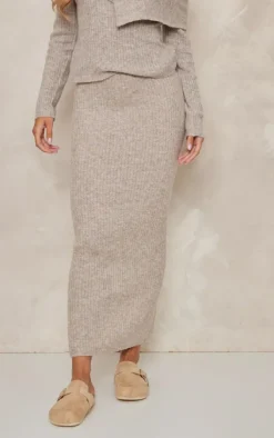 New PrettyLittleThing Luxe Knit Low Rise Midaxi Skirt Mocha