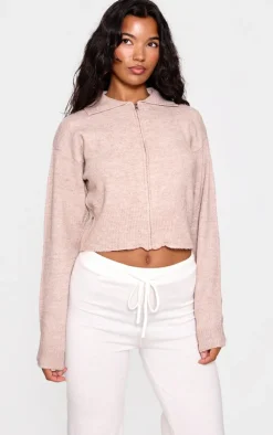 New PrettyLittleThing Marl Knit Cropped Zip Cardigan Mocha