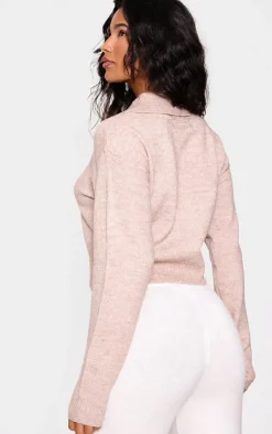New PrettyLittleThing Marl Knit Cropped Zip Cardigan Mocha