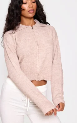 New PrettyLittleThing Marl Knit Cropped Zip Cardigan Mocha