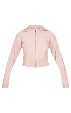 New PrettyLittleThing Marl Knit Cropped Zip Cardigan Mocha