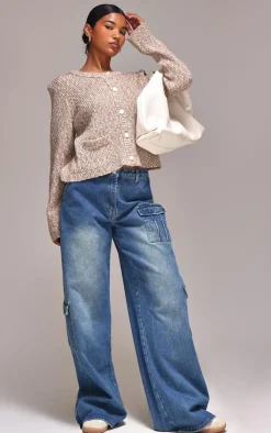 PrettyLittleThing Cardigans*Marl Textured Bobble Knit Button Up Pocket Detail Cardigan