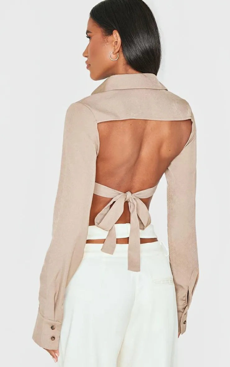 PrettyLittleThing Shirts*Premium Woven Tie Backless Cropped Shirt