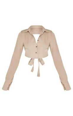 PrettyLittleThing Shirts*Premium Woven Tie Backless Cropped Shirt
