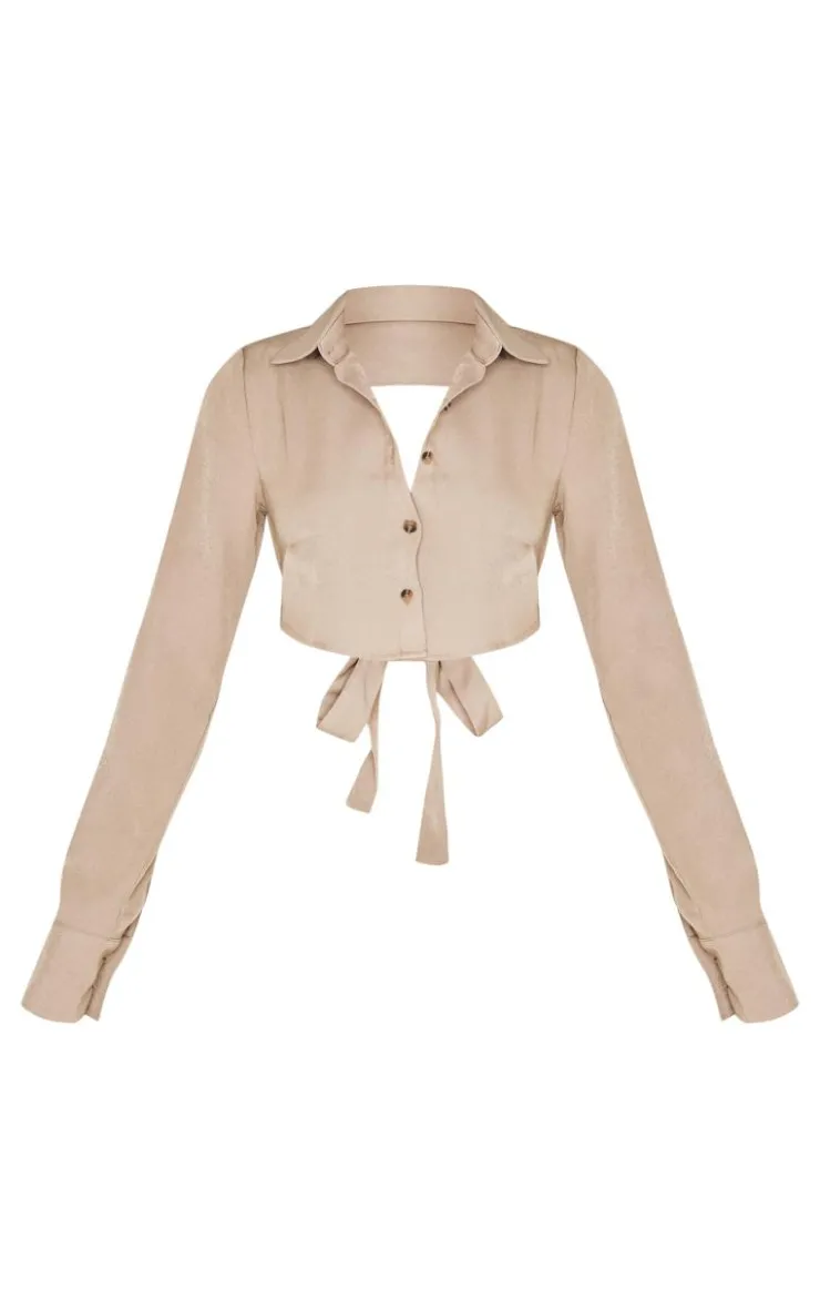 PrettyLittleThing Shirts*Premium Woven Tie Backless Cropped Shirt