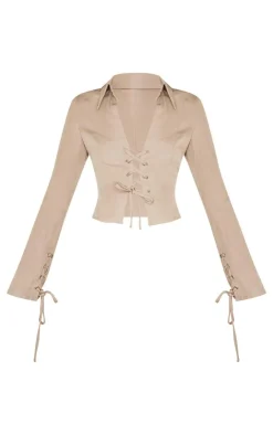 PrettyLittleThing Shirts*Premium Woven Tie Front Shirt