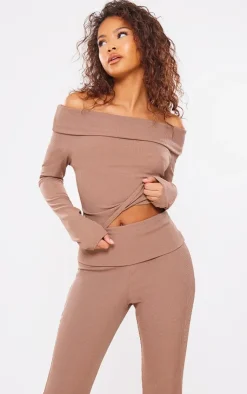 Sale PrettyLittleThing Rib Foldover Bardot Flute Sleeve Longline Top Mocha
