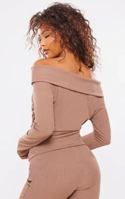Sale PrettyLittleThing Rib Foldover Bardot Flute Sleeve Longline Top Mocha