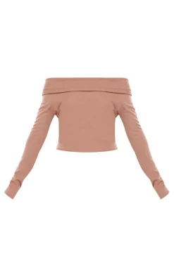 Sale PrettyLittleThing Rib Foldover Bardot Flute Sleeve Longline Top Mocha
