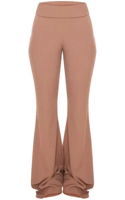 New PrettyLittleThing Rib Foldover Low Rise Flared Pants Mocha