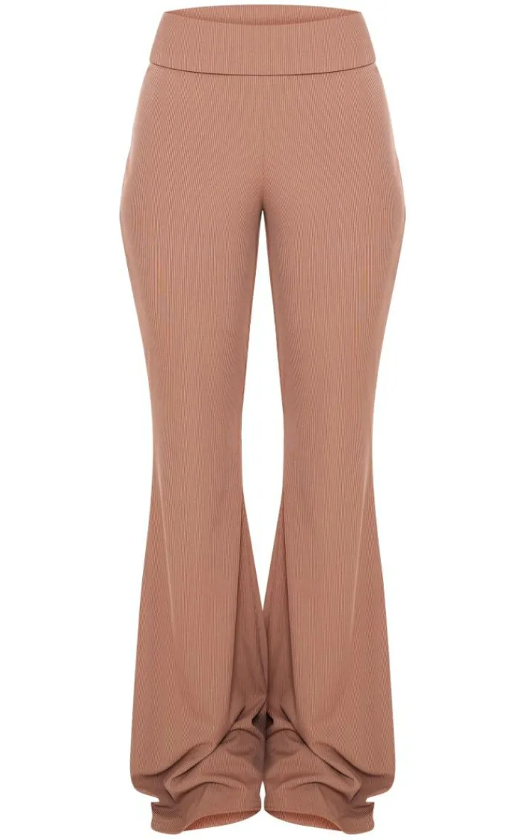 New PrettyLittleThing Rib Foldover Low Rise Flared Pants Mocha