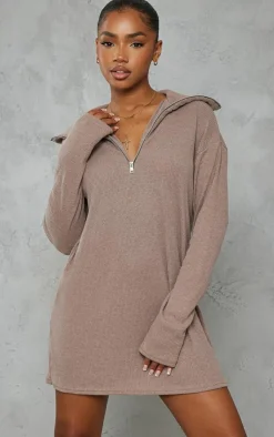 Rib High Neck Half Zip Oversized Sweater Dress-PrettyLittleThing Online
