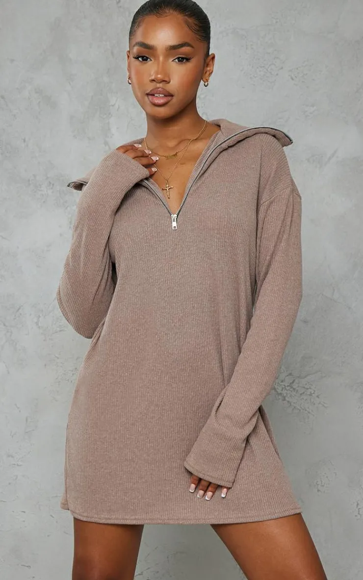 Rib High Neck Half Zip Oversized Sweater Dress-PrettyLittleThing Online