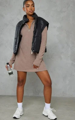 Rib High Neck Half Zip Oversized Sweater Dress-PrettyLittleThing Online