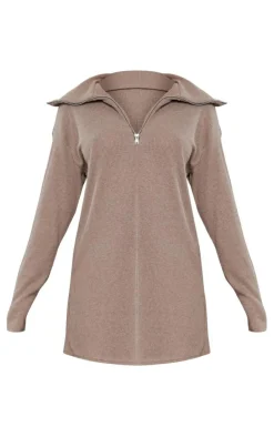Rib High Neck Half Zip Oversized Sweater Dress-PrettyLittleThing Online
