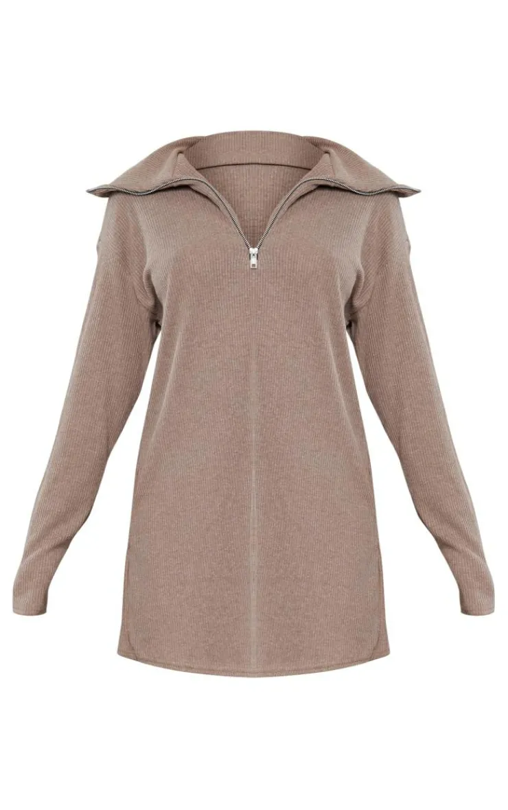 Rib High Neck Half Zip Oversized Sweater Dress-PrettyLittleThing Online