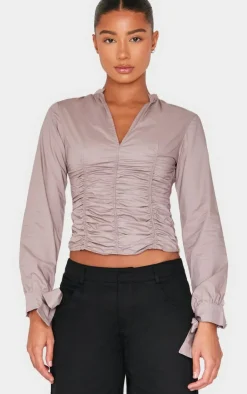 PrettyLittleThing Shirts*Mocha Ruched Front Tie Detail Shirt