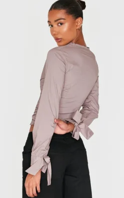 PrettyLittleThing Shirts*Mocha Ruched Front Tie Detail Shirt