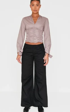 PrettyLittleThing Shirts*Mocha Ruched Front Tie Detail Shirt
