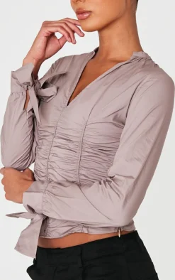 PrettyLittleThing Shirts*Mocha Ruched Front Tie Detail Shirt