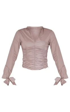 PrettyLittleThing Shirts*Mocha Ruched Front Tie Detail Shirt