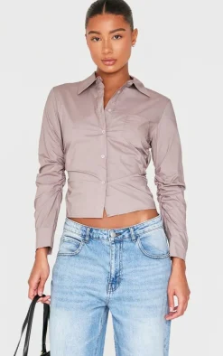 PrettyLittleThing Shirts*Mocha Ruched Side Shirt