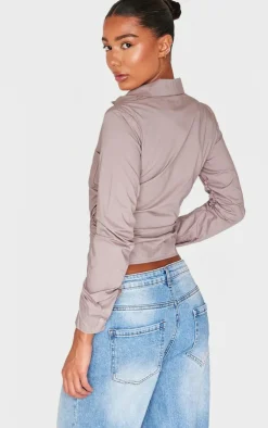 PrettyLittleThing Shirts*Mocha Ruched Side Shirt