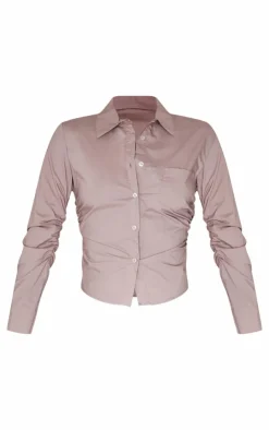 PrettyLittleThing Shirts*Mocha Ruched Side Shirt
