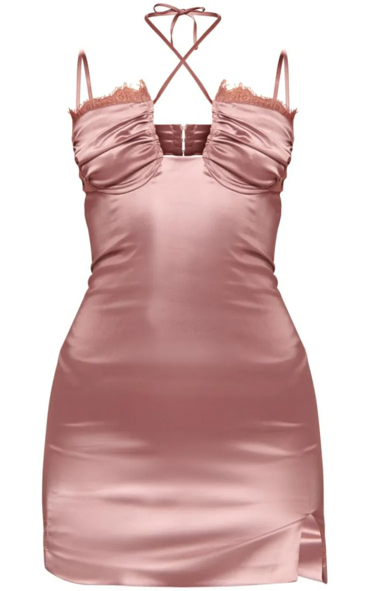Satin Tie Front Cup Detail Mini Dress-PrettyLittleThing Sale