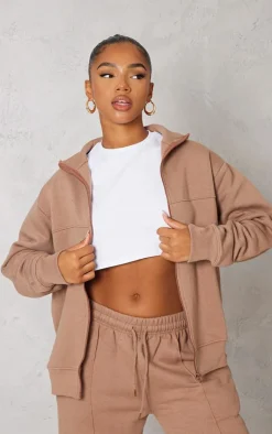 Best PrettyLittleThing Seam Detail Zip Through Track Top Mocha