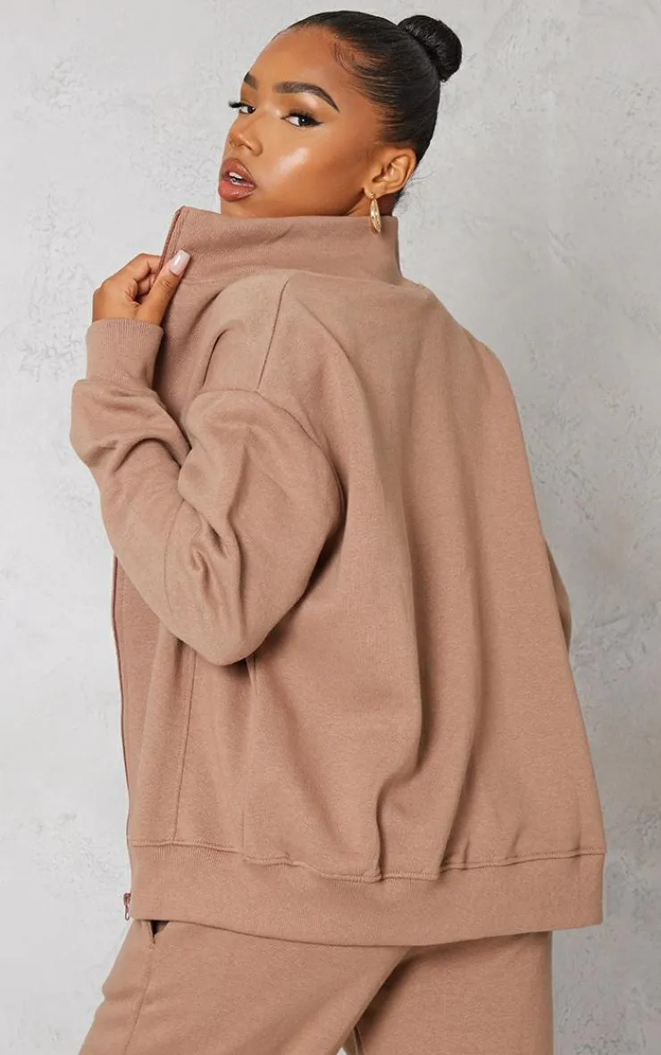 Best PrettyLittleThing Seam Detail Zip Through Track Top Mocha