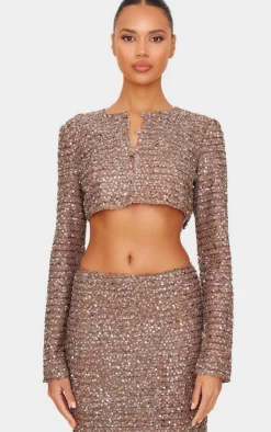 Online PrettyLittleThing Sequin Long Sleeve Button Up Cardigan Mocha