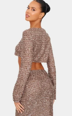 Online PrettyLittleThing Sequin Long Sleeve Button Up Cardigan Mocha