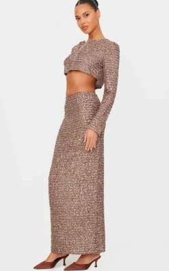 Online PrettyLittleThing Sequin Long Sleeve Button Up Cardigan Mocha