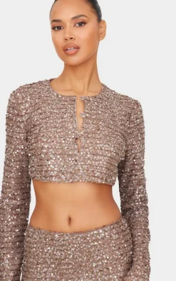 Online PrettyLittleThing Sequin Long Sleeve Button Up Cardigan Mocha