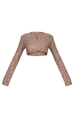 Online PrettyLittleThing Sequin Long Sleeve Button Up Cardigan Mocha