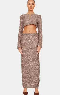 PrettyLittleThing Sequin Maxi Skirt Mocha