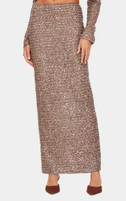 PrettyLittleThing Sequin Maxi Skirt Mocha