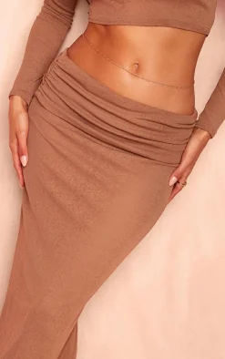 Clearance PrettyLittleThing Sheer Burnout Mesh Fold Over Hem Low Rise Maxi Skirt Mocha