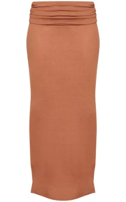 Clearance PrettyLittleThing Sheer Burnout Mesh Fold Over Hem Low Rise Maxi Skirt Mocha