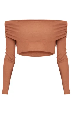 Clearance PrettyLittleThing Sheer Burnout Mesh Fold Over Hem Long Sleeve Bardot Top Mocha
