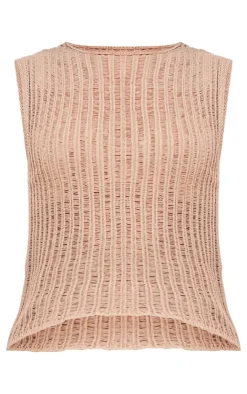 PrettyLittleThing Sleeveless Tops*Sheer Textured Knit Racer Neck Top