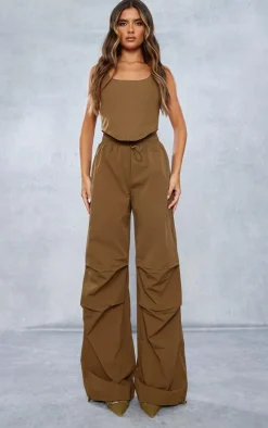 Online PrettyLittleThing Shell Toggle Drawstring Ruched Cargo Pants Mocha