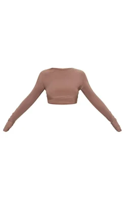 Clearance PrettyLittleThing Slinky Long Sleeve Ruched Detail Crop Top Mocha