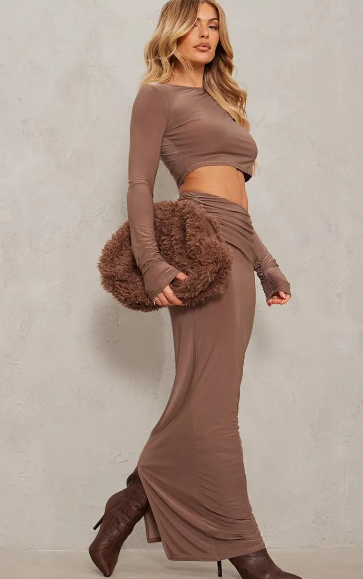 Discount PrettyLittleThing Slinky Low Rise Ruched Detail Maxi Skirt Mocha